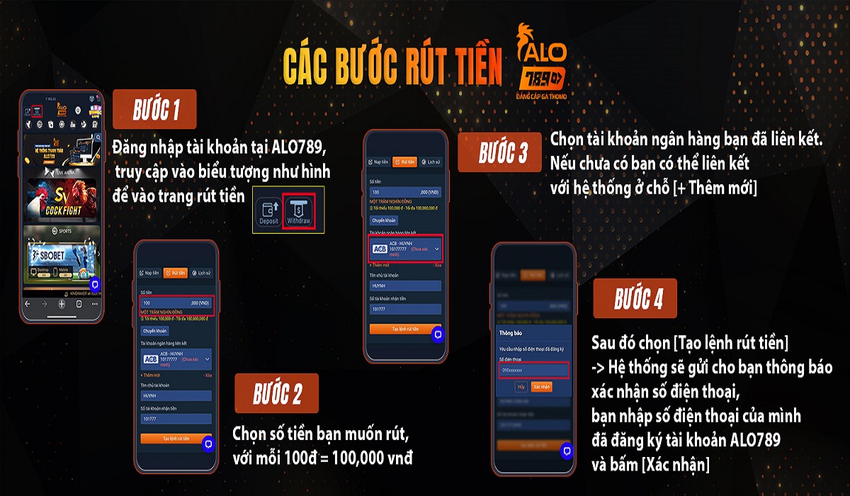 Hướng dẫn các bước rút tiền Alo789